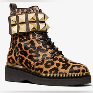 Michael Kors Haskell Studded Leopard Calf Hair Combat Boot.